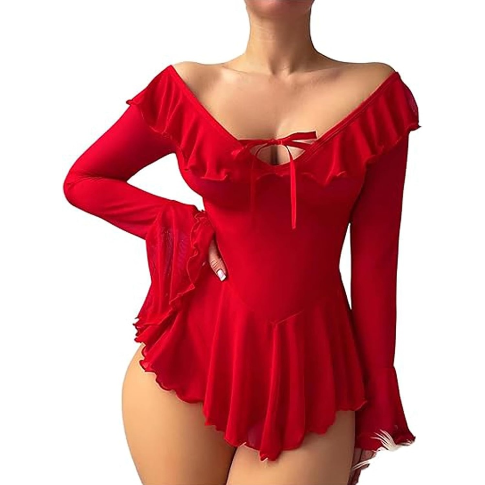 image:imageAvidlove Sexy Lingerie Babydoll Rave Ruffle Dress Off Shoulder Long Sleeve Nightgowns Outfits For Women SXXLRed