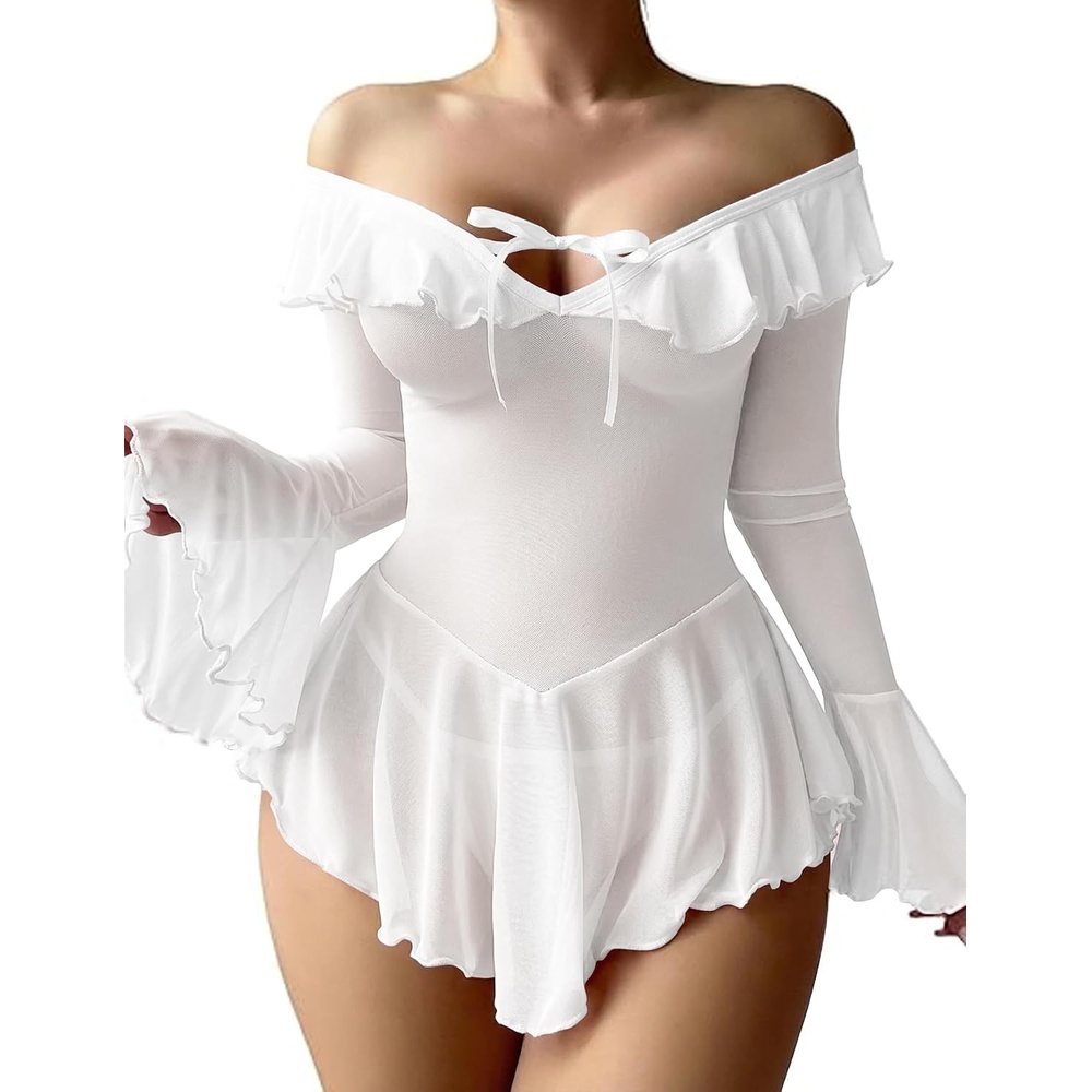 image:imageAvidlove Sexy Lingerie Babydoll Rave Ruffle Dress Off Shoulder Long Sleeve Nightgowns Outfits For Women SXXLWhite