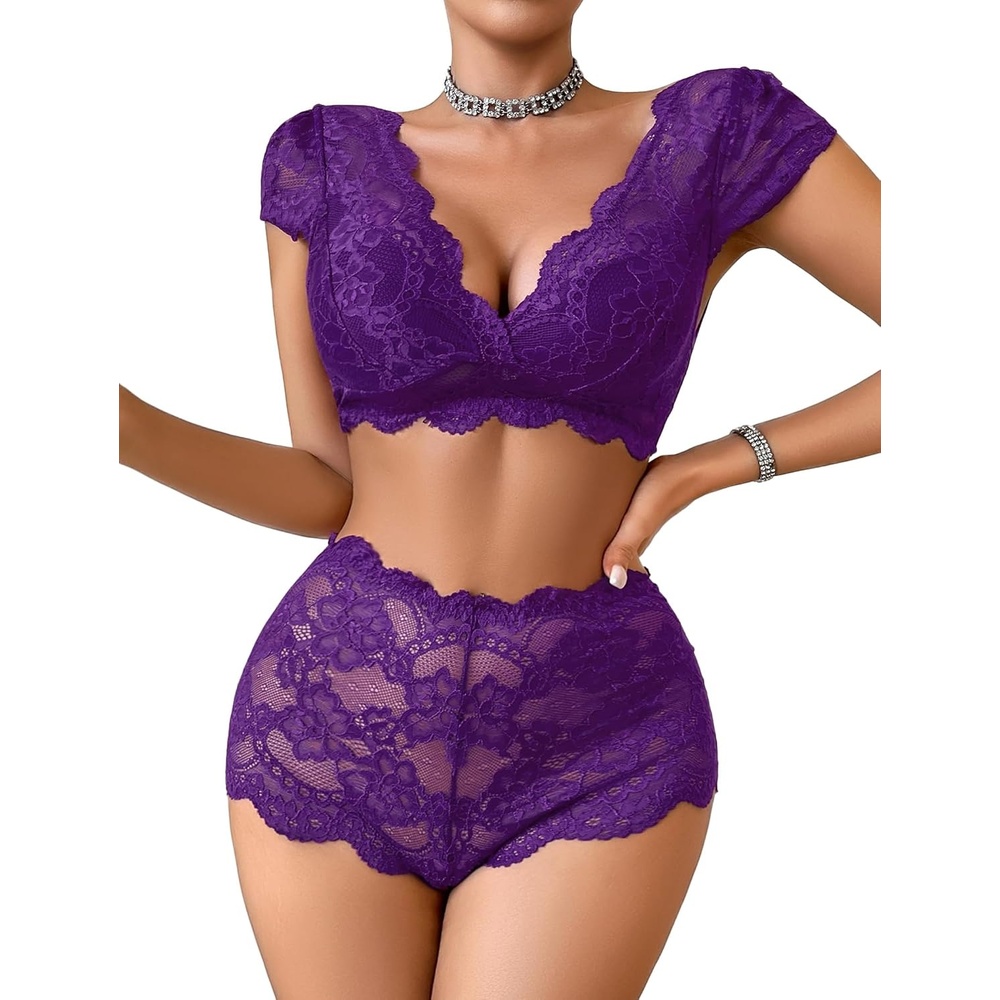 image:imageAvidlove Sexy Lingerie Set for Women Lace Bra and Panty Sets Push Up Lace Sheer Set OutfitsPurple