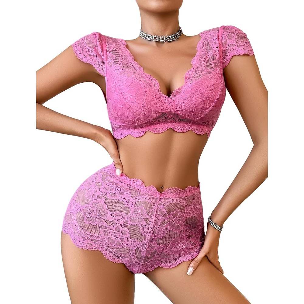 image:imageAvidlove Sexy Lingerie Set for Women Lace Bra and Panty Sets Push Up Lace Sheer Set OutfitsRose Red