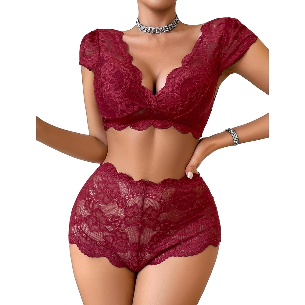 image:imageAvidlove Sexy Lingerie Set for Women Lace Bra and Panty Sets Push Up Lace Sheer Set OutfitsWine Red