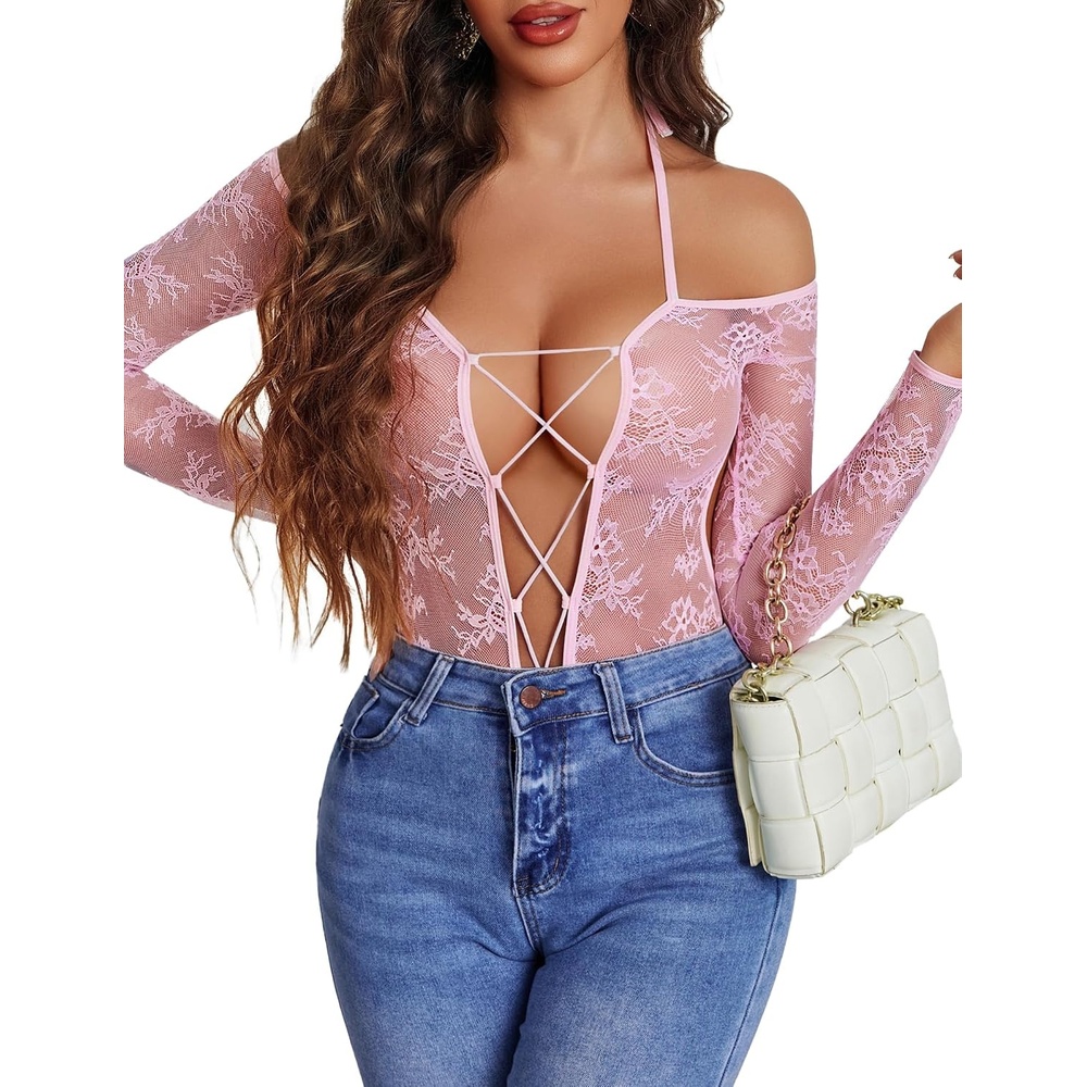 image:imageAvidlove Sexy Lingerie for Women Lace Teddy Lingerie Bodysuit Cut Out One Piece Bodysuit Mini BabydollPink