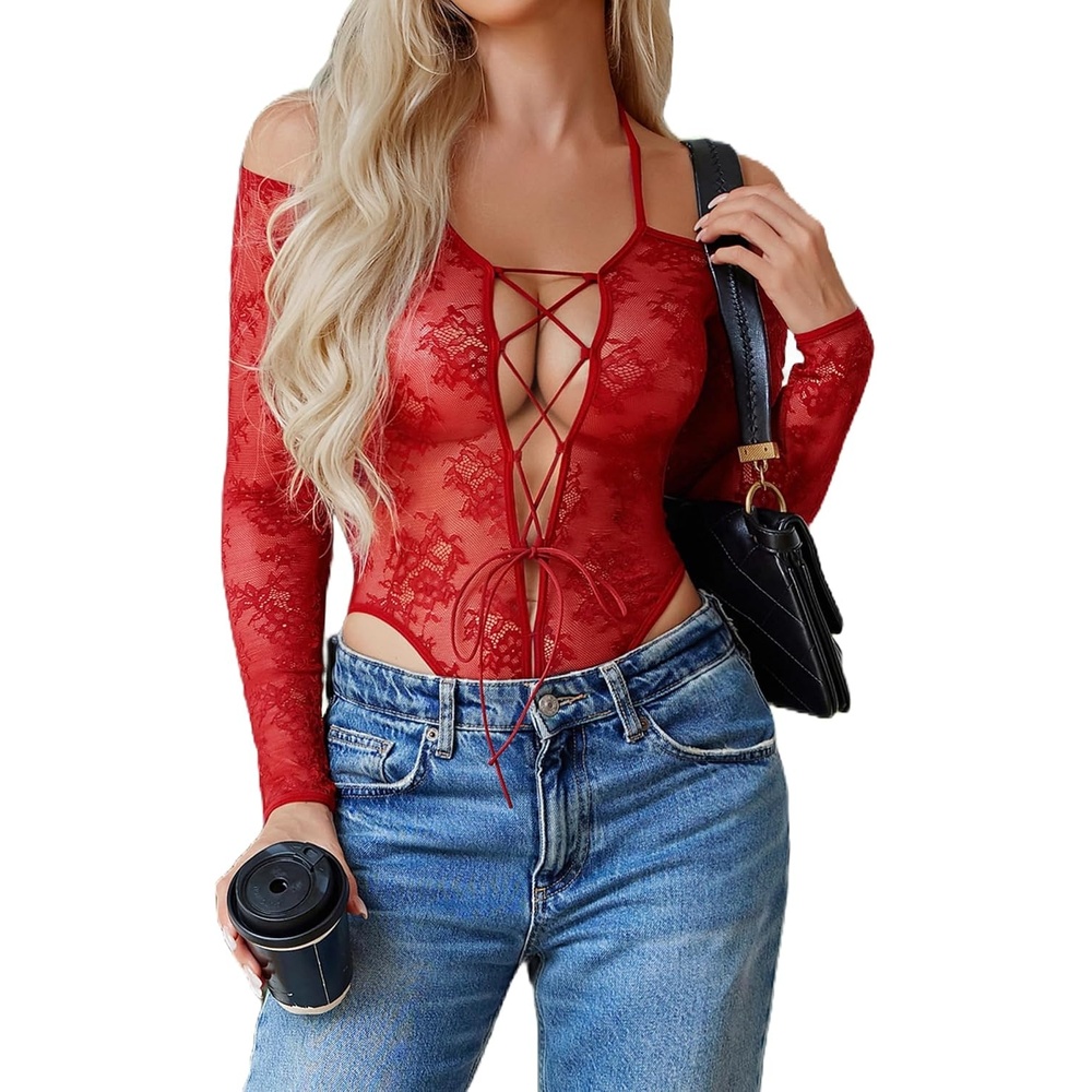 image:imageAvidlove Sexy Lingerie for Women Lace Teddy Lingerie Bodysuit Cut Out One Piece Bodysuit Mini BabydollRed
