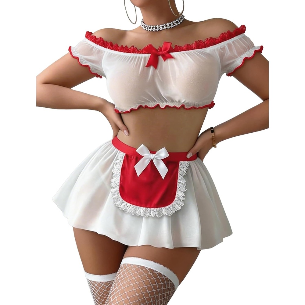 image:imageAvidlove Sexy Maid Outfit Set Offshoulder Mesh Top Mini Skirt with Thong Halloween Costumes3 packNurse