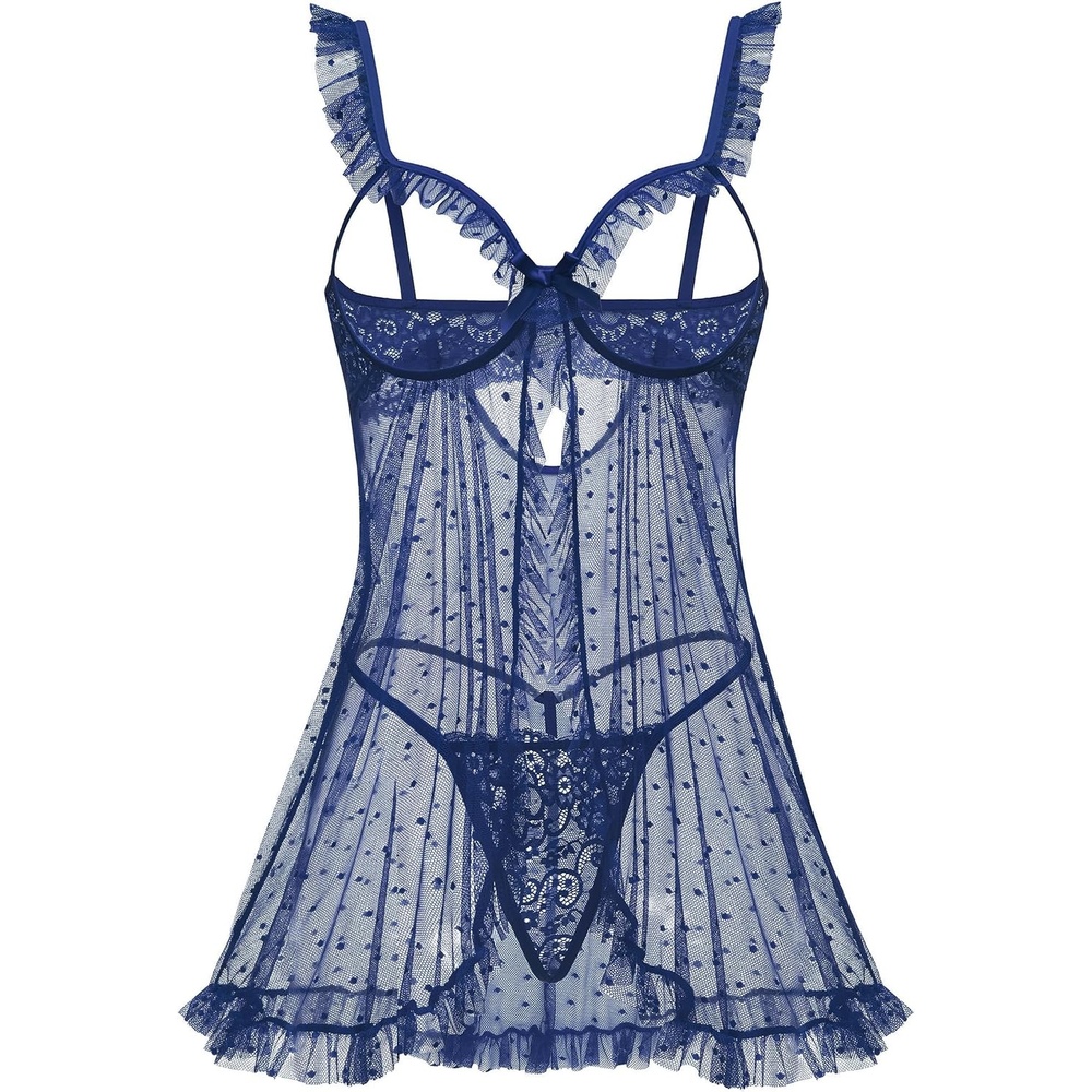 image:imageAvidlove Sexy Polka Dots Mesh Sheer Lace Babydoll Open Front Ruffle Chemise Cut Out Nightgown Lingerie With Thong XSXXLBlue