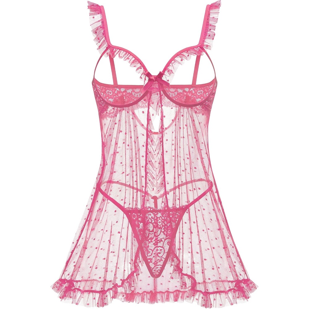 image:imageAvidlove Sexy Polka Dots Mesh Sheer Lace Babydoll Open Front Ruffle Chemise Cut Out Nightgown Lingerie With Thong XSXXLPink