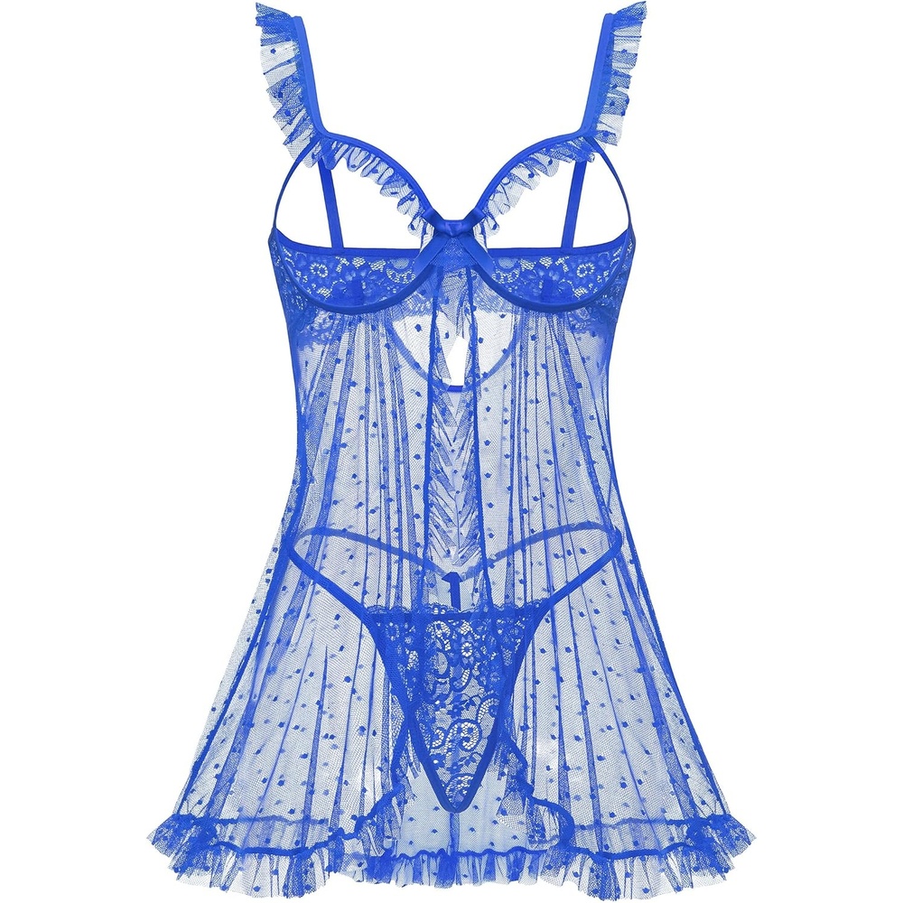 image:imageAvidlove Sexy Polka Dots Mesh Sheer Lace Babydoll Open Front Ruffle Chemise Cut Out Nightgown Lingerie With Thong XSXXLRoyal Blue