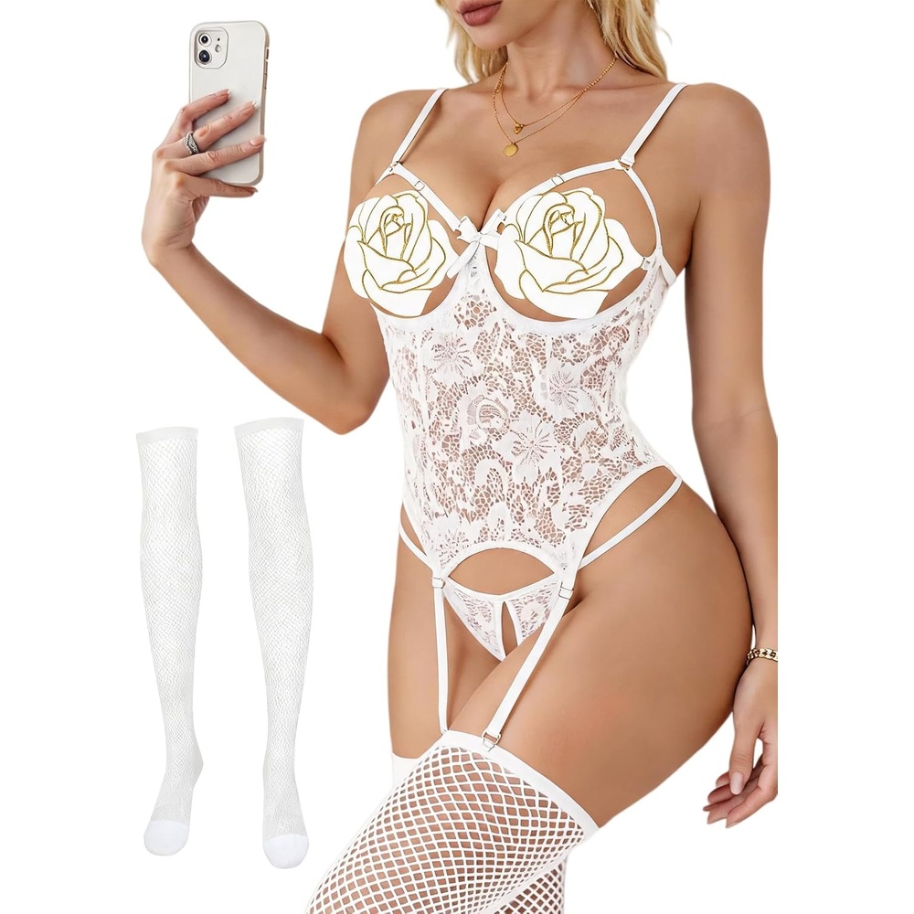 image:imageAvidlove Sexy Stocking Lace Bodysuit Garter Underwire Teddy Lingerie Sets  Soft sheer lace fabricmatching thong amp fishnet stockingsadjustable garter strapshoneymoonwedding nightsValentineWhite