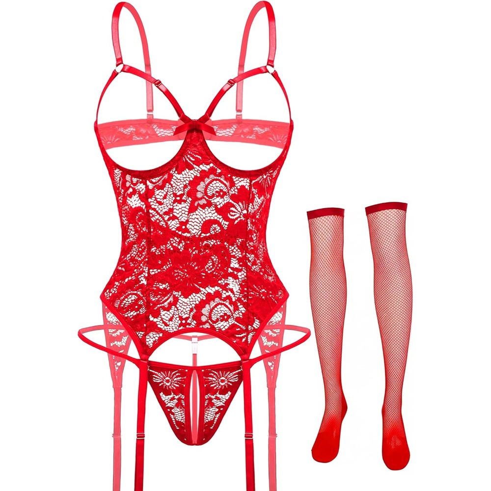 image:imageAvidlove Sexy Stocking Lace Bodysuit Garter Underwire Teddy Lingerie Sets  Soft sheer lace fabricmatching thong amp fishnet stockingsadjustable garter strapshoneymoonwedding nightsValentineRed