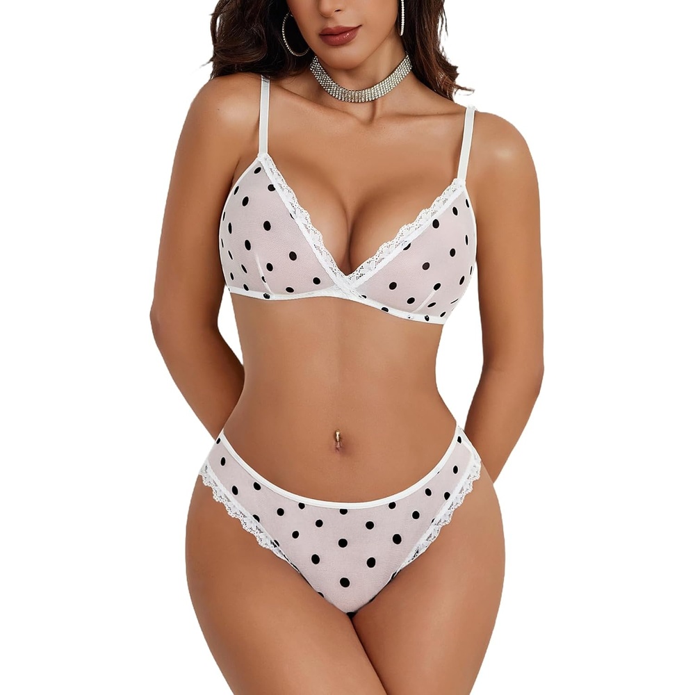 image:imageAvidlove Wireless Lace Lingerie Set Floral Print Bra and Panty Sets Cute Naughty OutfitsPolka Dot White