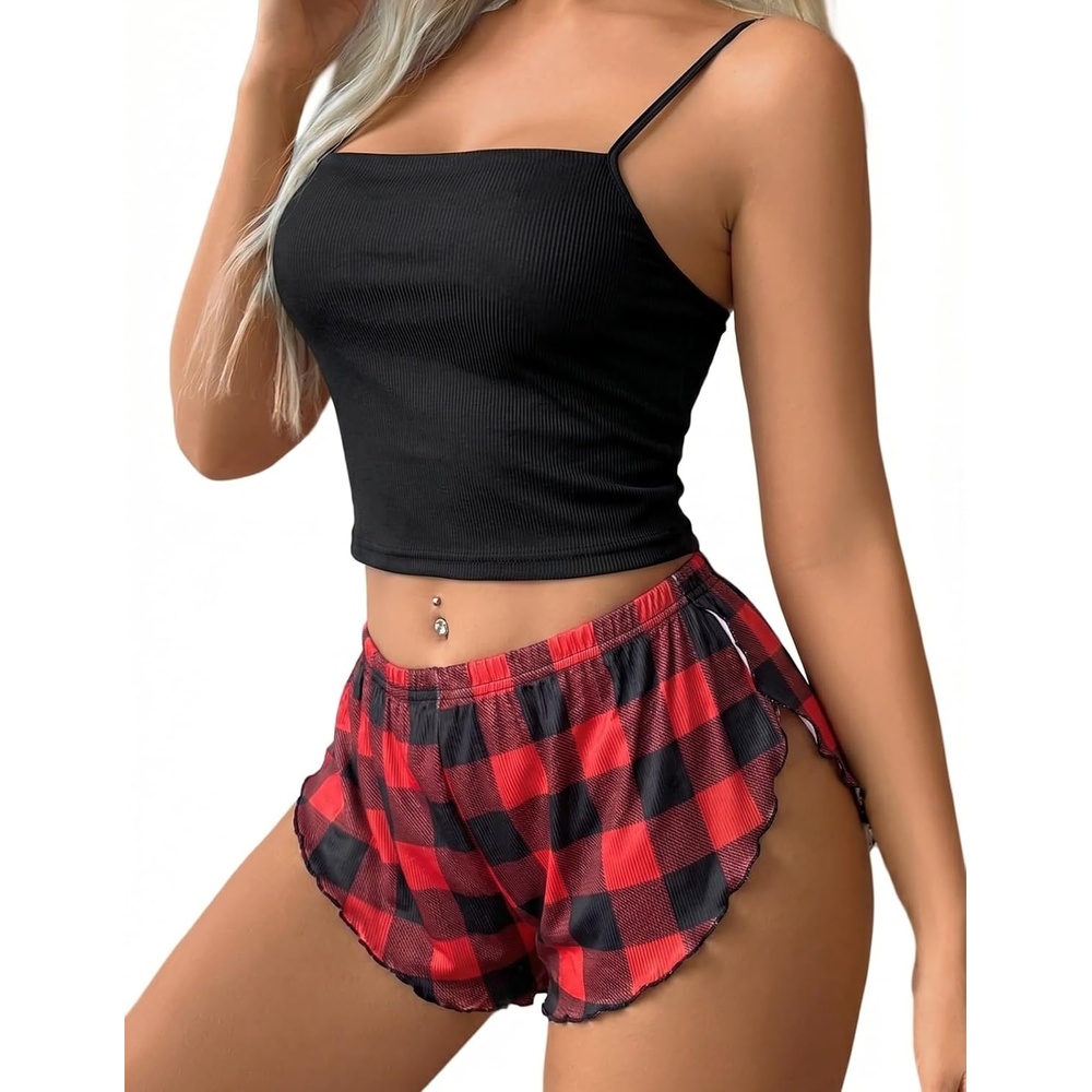 image:imageAvidlove Women Cami Ribbed Pajama Set Sexy Side Slit Sleepwear Soft Lingerie 2 Piece PJ SetBlack  Red Plaid