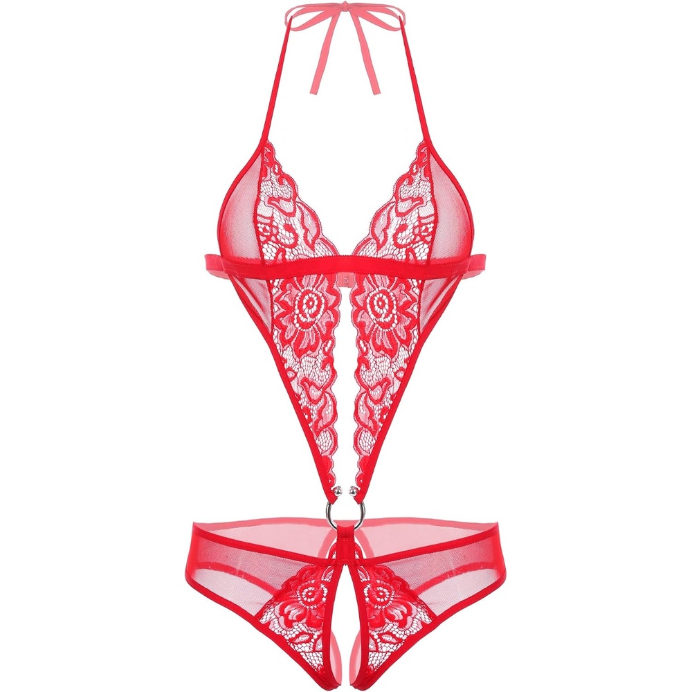 image:imageAvidlove Women Deep V Lingerie Lace Teddy One Piece Babydoll Mini BodysuitRed