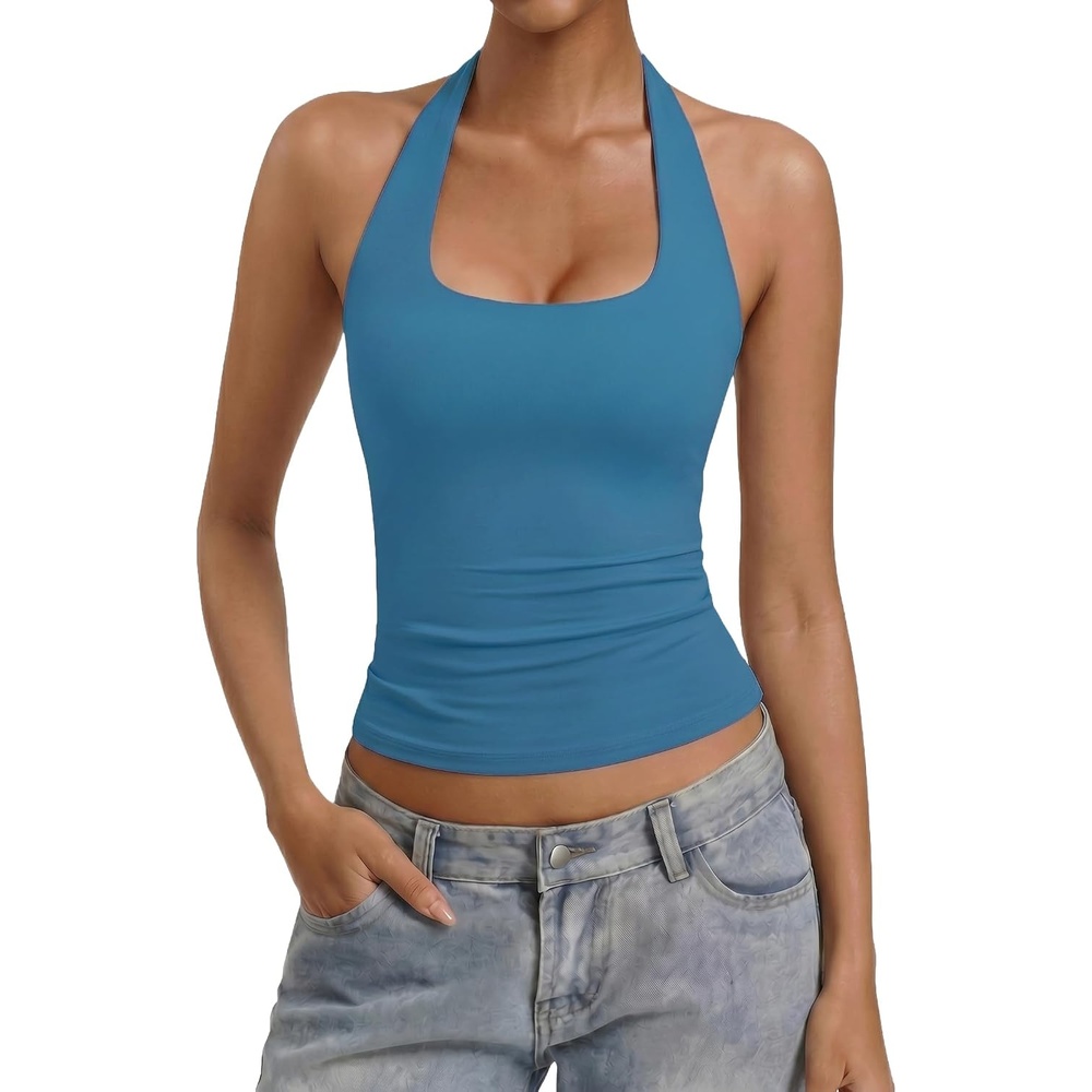 image:imageAvidlove Women Halter Tank Tops Sexy Backless Ruched Fitted Double Lined Going Out Top 2026 SummerDark Blue