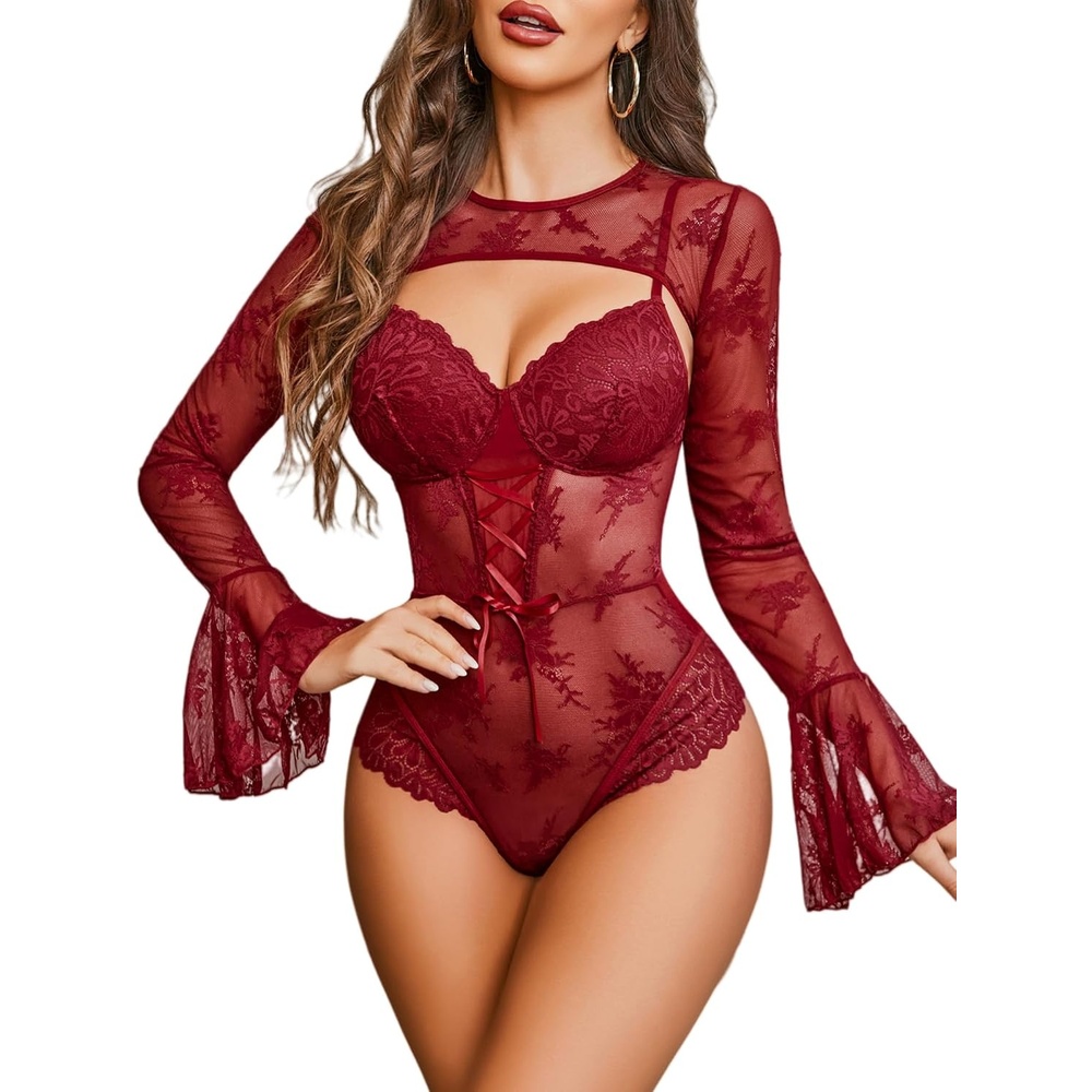 image:imageAvidlove Women Lace Bodysuit with Crop Top Sexy Going Out Bodysuit Floral Lace Lingerie Set Sexy Rave OutfitsCwine Red