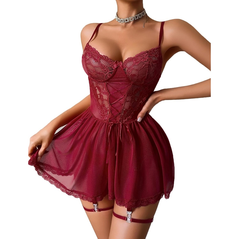 image:imageAvidlove Women Lace Mesh Babydoll Lingerie Set with Garter Belt  4 piece set includes thong amp garter belt lace corset bodice adjustable straps S4XLWine Red