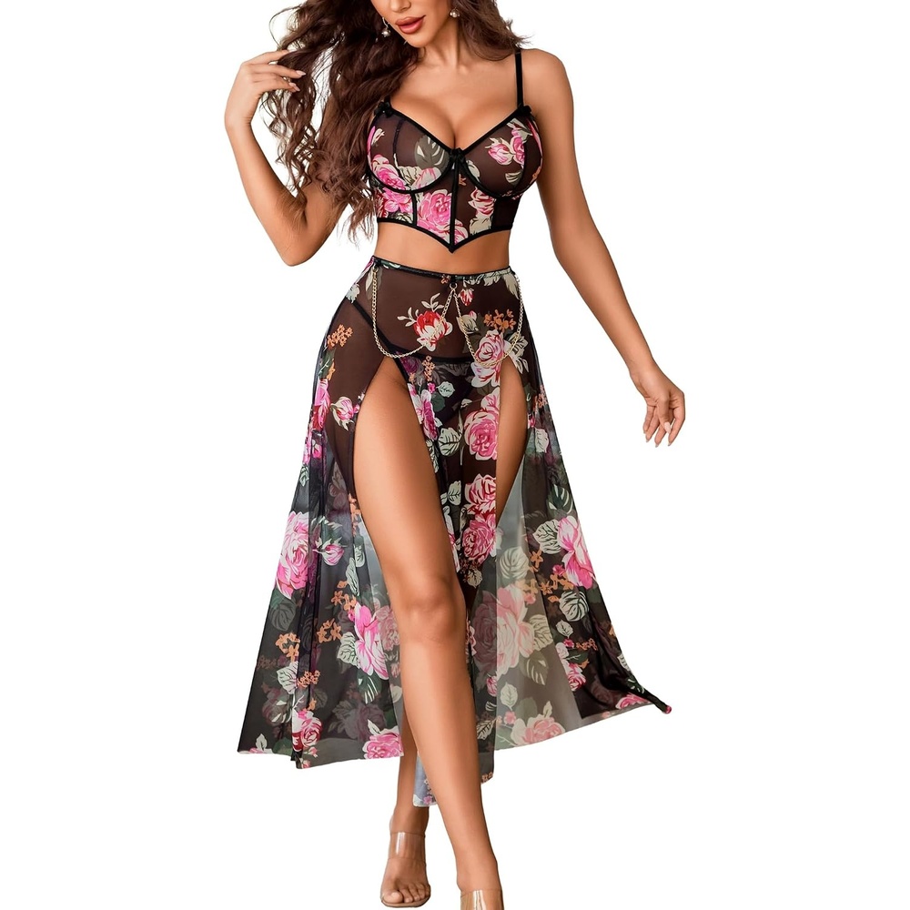 image:imageAvidlove Women Lingerie Babydoll Chemise 3 Piece Set Mesh Side Split NightgownBlack Floral