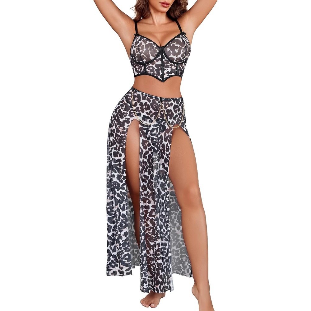 image:imageAvidlove Women Lingerie Babydoll Chemise 3 Piece Set Mesh Side Split NightgownLeopard Print