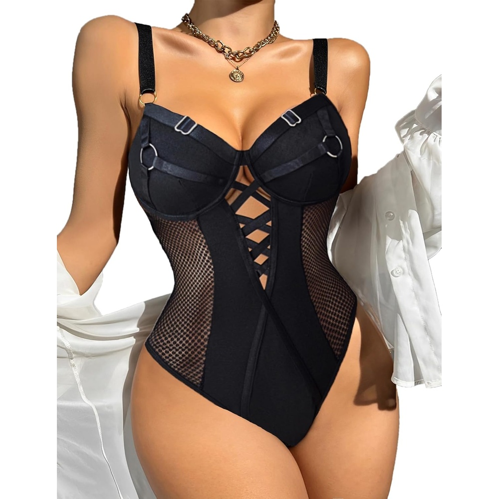 image:imageAvidlove Women Lingerie Bodysuit Mesh Teddy Underwire Lace Bodysuits One Piece Babydoll With Snap Crotch SXXLBlack