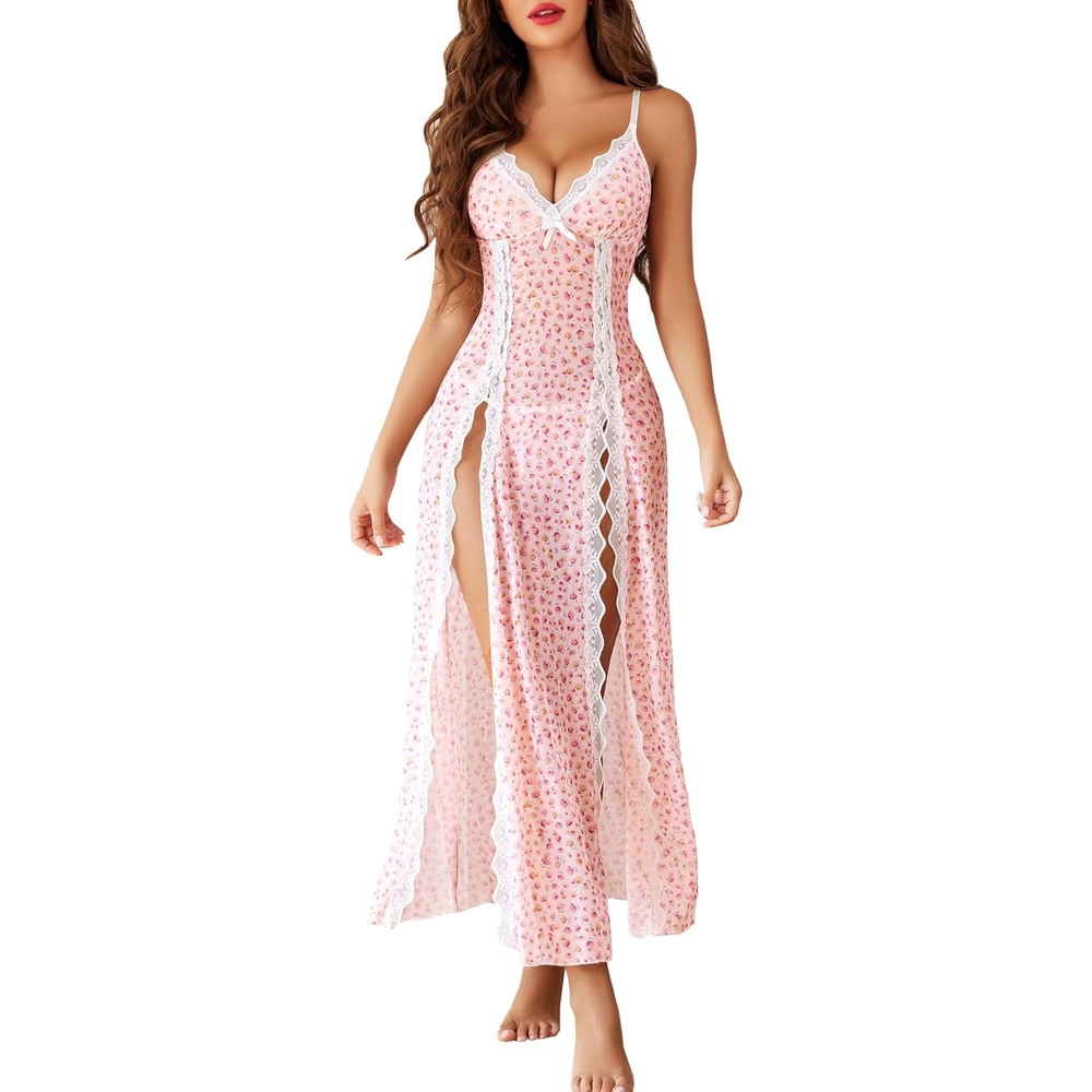 image:imageAvidlove Women Lingerie Lace Babydoll Chemise Sexy Mesh Nightdress V Neck Nightwear Side Split NightgownPink Floral