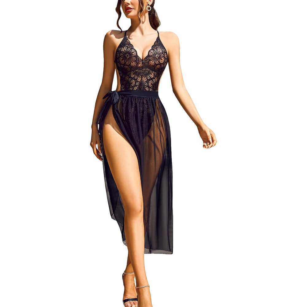 image:imageAvidlove Women One Piece Lingerie Deep V Lace Bodysuit Mosaic Lace Teddy Mesh SkirtBlack