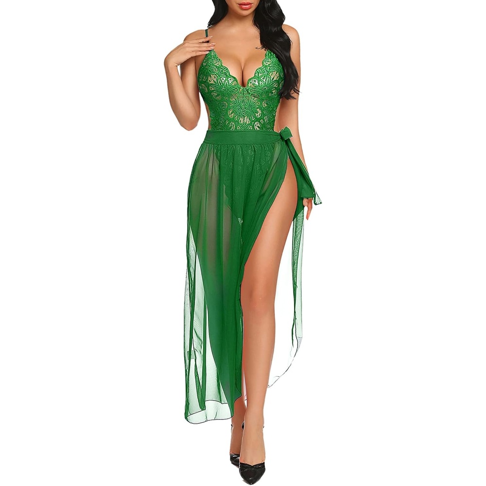 image:imageAvidlove Women One Piece Lingerie Deep V Lace Bodysuit Mosaic Lace Teddy Mesh SkirtForest Green
