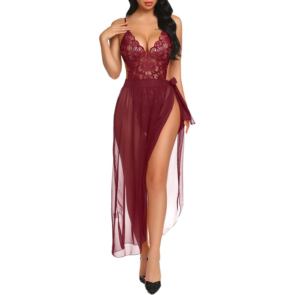 image:imageAvidlove Women One Piece Lingerie Deep V Lace Bodysuit Mosaic Lace Teddy Mesh SkirtJujube Red
