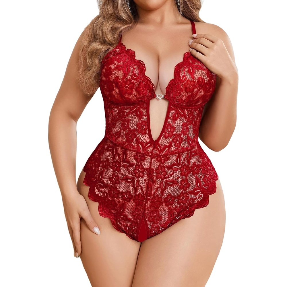 image:imageAvidlove Women Plus Size Lingerie Lace Teddy Deep V Lingerie Bodysuit One Piece Babydoll 1422 PlusRed