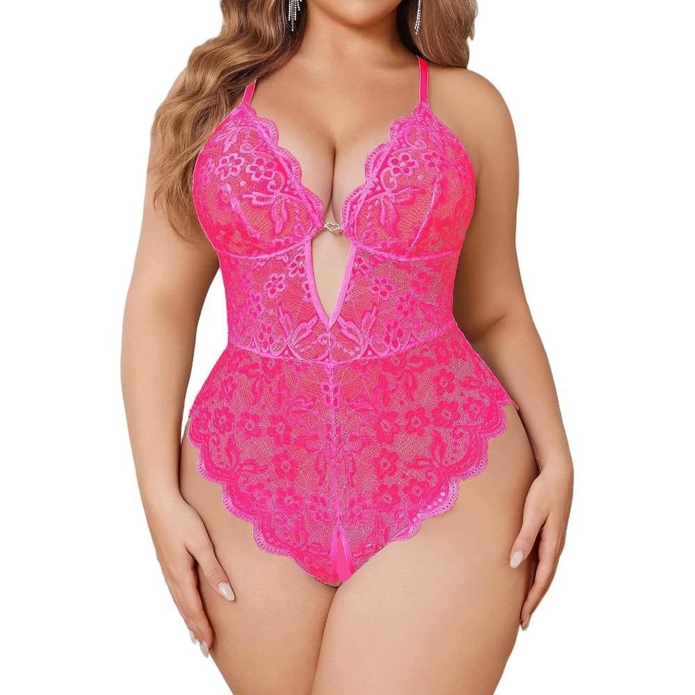image:imageAvidlove Women Plus Size Lingerie Lace Teddy Deep V Lingerie Bodysuit One Piece Babydoll 1422 PlusRose Red