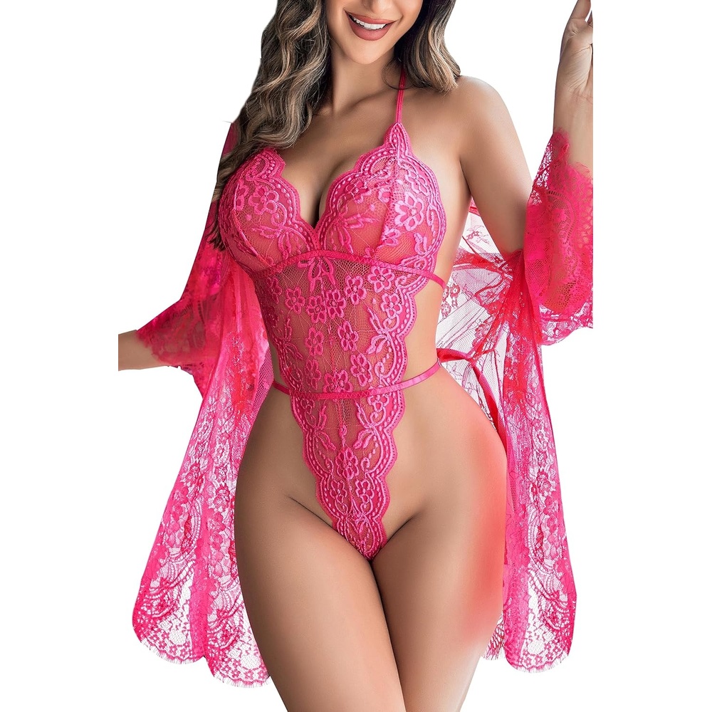 image:imageAvidlove Women Sexy Lingerie Set 2 Piece Lace Kimono Robe with Lace Teddy Lingerie BodysuitRose Red