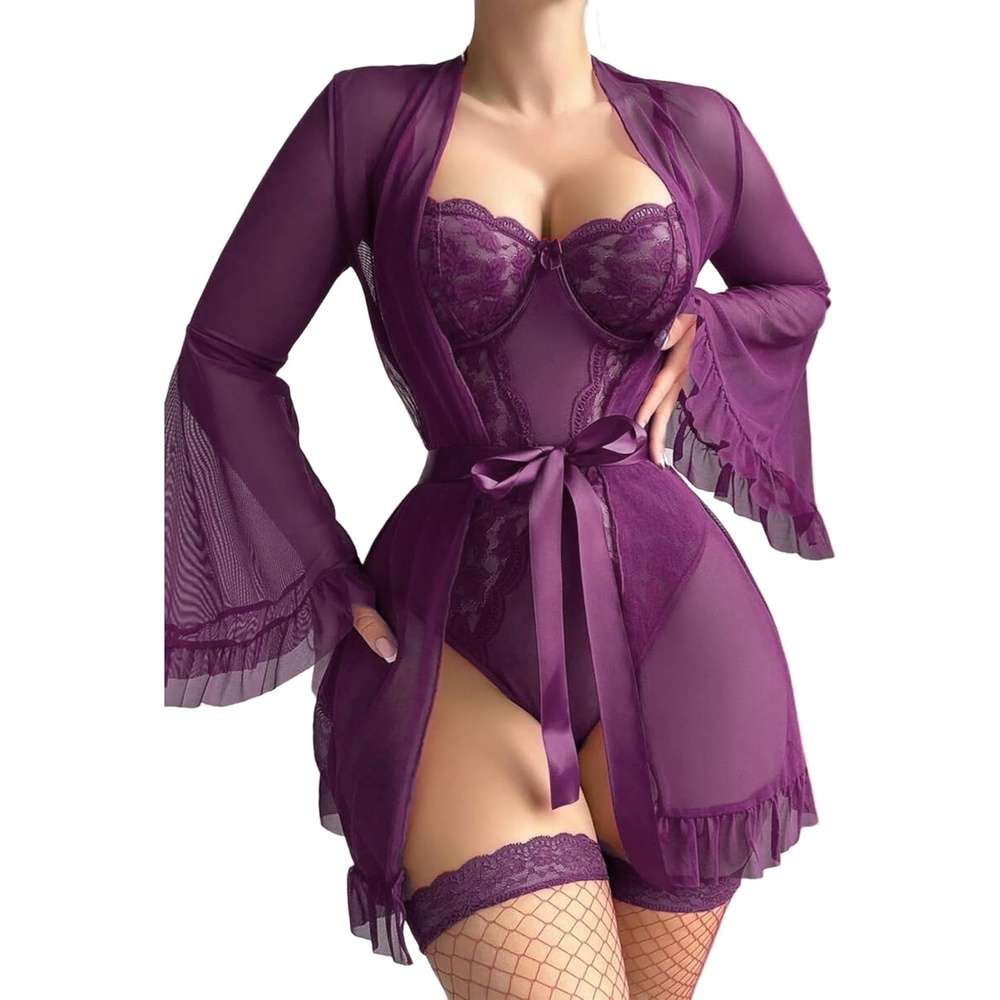 image:imageAvidlove Women Sexy Lingerie Set 2 Piece Sheer Kimono Robe with Lace Teddy Lingerie BodysuitBpurple