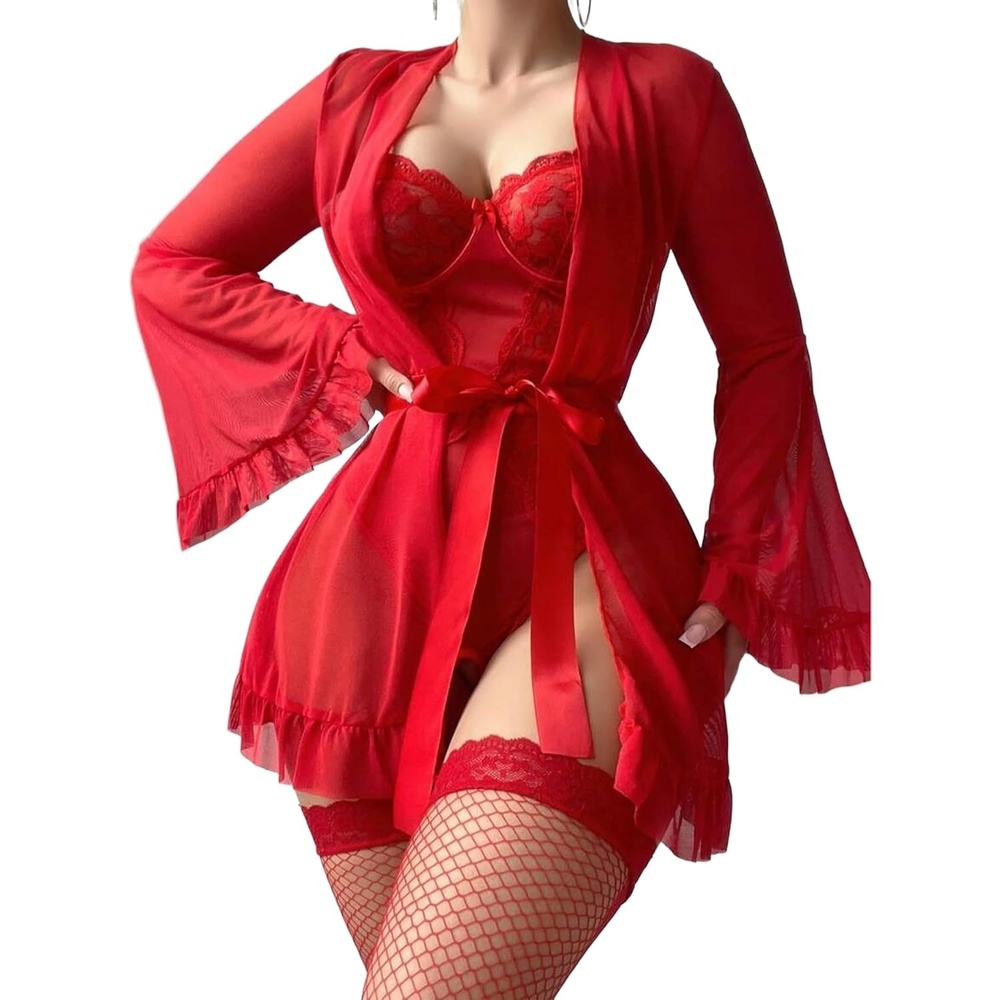 image:imageAvidlove Women Sexy Lingerie Set 2 Piece Sheer Kimono Robe with Lace Teddy Lingerie BodysuitRed