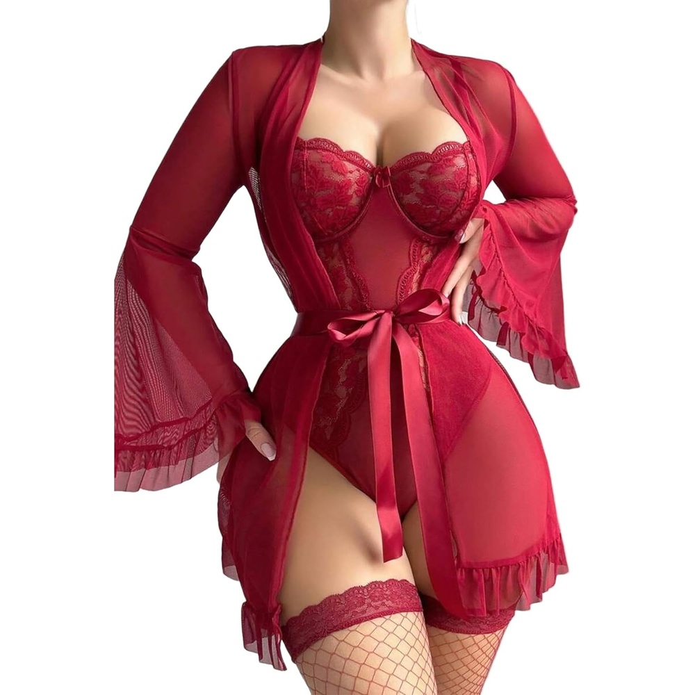 image:imageAvidlove Women Sexy Lingerie Set 2 Piece Sheer Kimono Robe with Lace Teddy Lingerie BodysuitWine Red