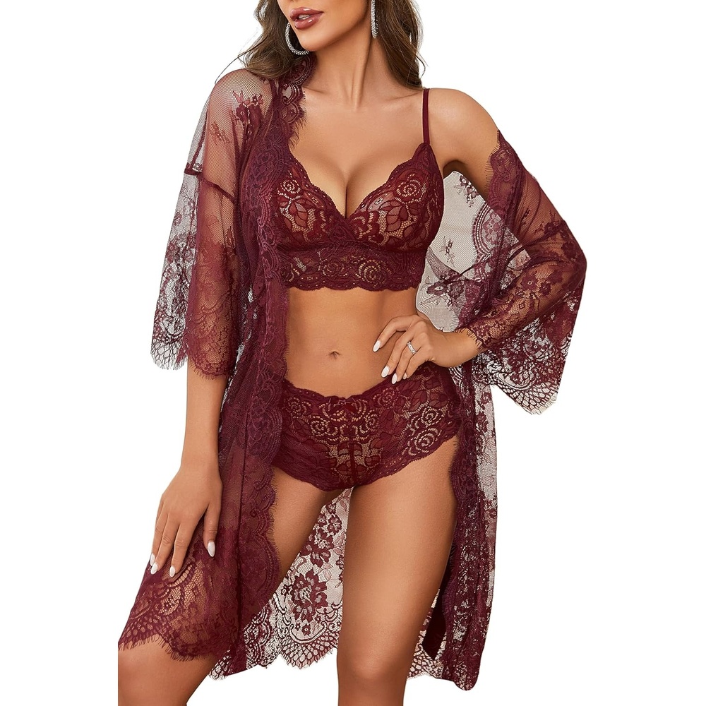 image:imageAvidlove Women Sexy Lingerie Set 3 Piece Bra and Panty Sets with Lace Kimono Robe Sleepwear Mesh NightgownDark Red