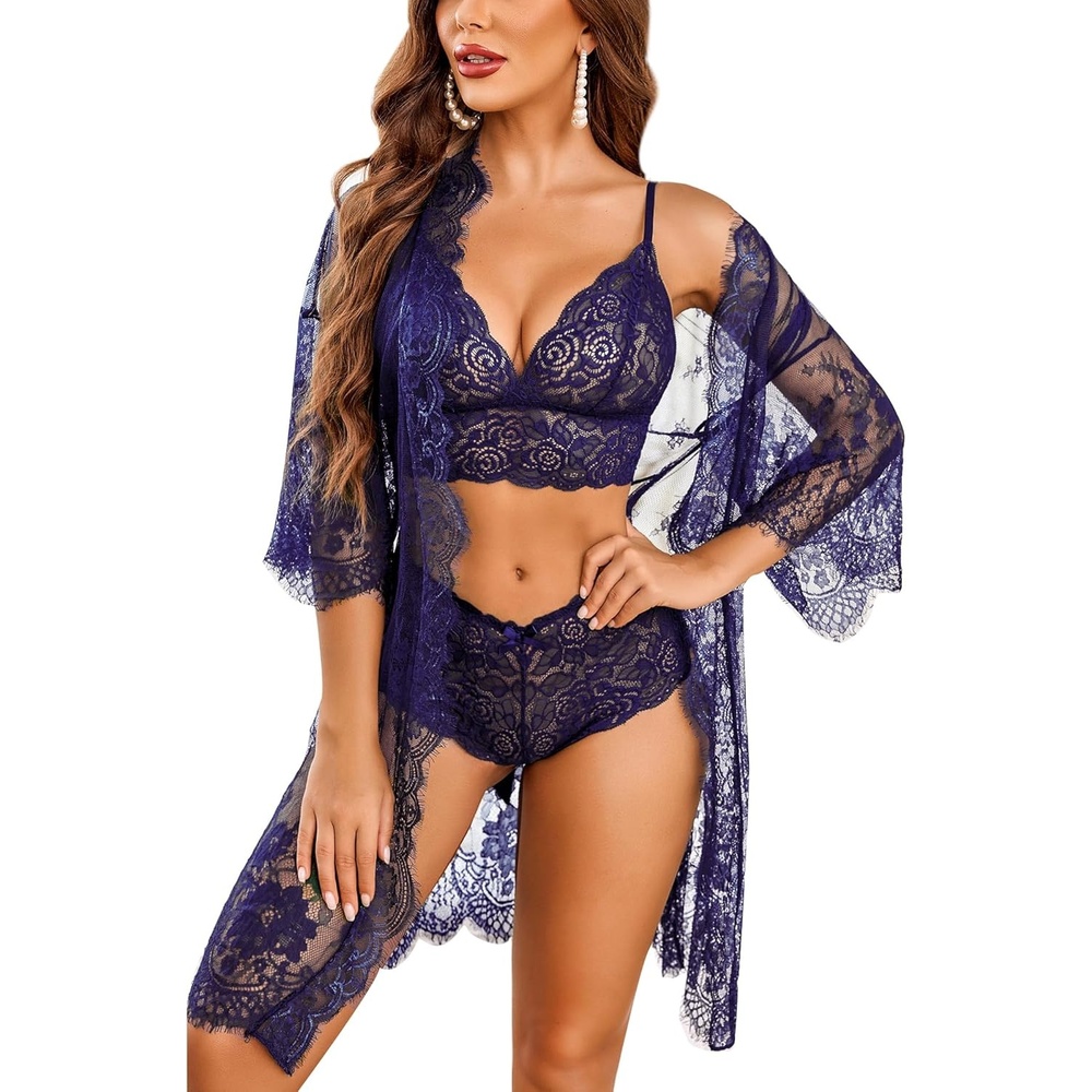 image:imageAvidlove Women Sexy Lingerie Set 3 Piece Bra and Panty Sets with Lace Kimono Robe Sleepwear Mesh NightgownNavy Blue