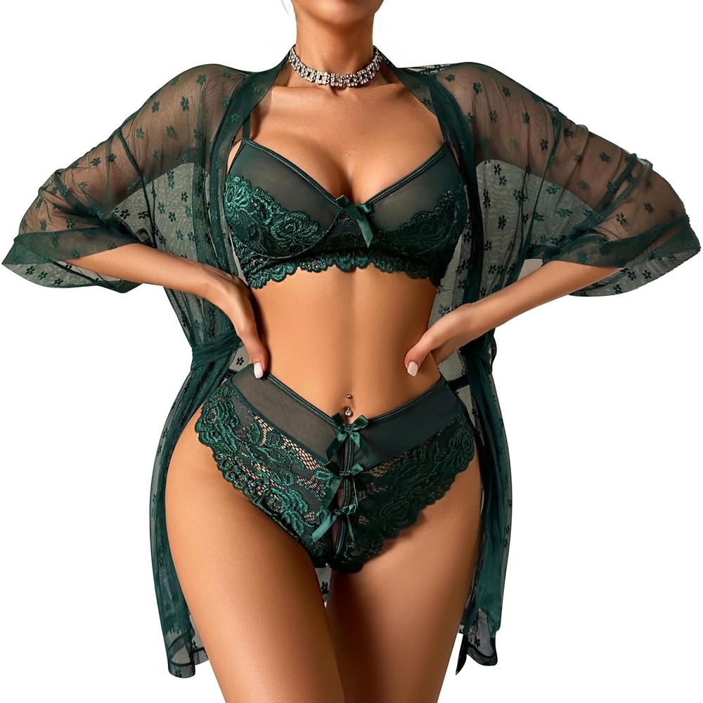image:imageAvidlove Women Sexy Lingerie Set 3 Piece Lace Kimono Robe with Bra and Panty Nightgown SleepwearGreen
