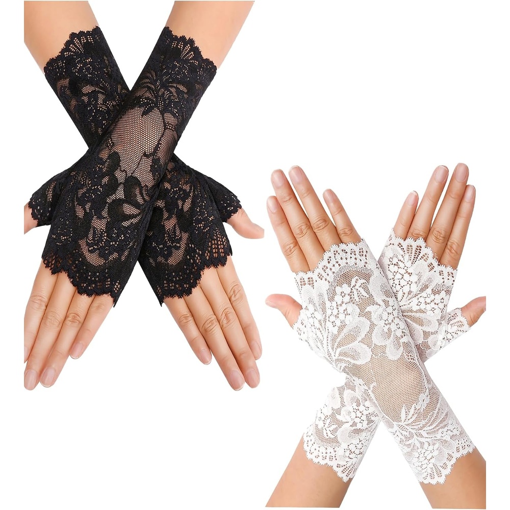 image:imageAvidlove Women Short Lace Glove Fingerless Sunblock Wrist Gloves Gothic  Exquisite Stretch Lace for Allday ComfortPerfect for Opera Evening Wedding Tea Party Prom Cosplay Gothic Clothes 1920sWhite and Black