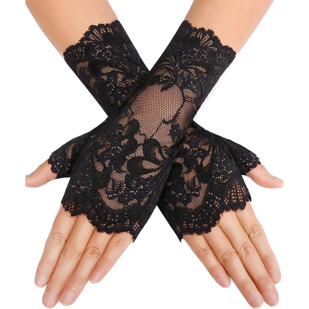 image:imageAvidlove Women Short Lace Glove Fingerless Sunblock Wrist Gloves Gothic  Exquisite Stretch Lace for Allday ComfortPerfect for Opera Evening Wedding Tea Party Prom Cosplay Gothic Clothes 1920sBlack