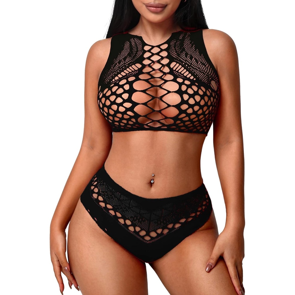 image:imageAvidlove Womens Fishnet Lingerie for Women Sexy Two Piece Lingerie Set Stripper OutfitBlack