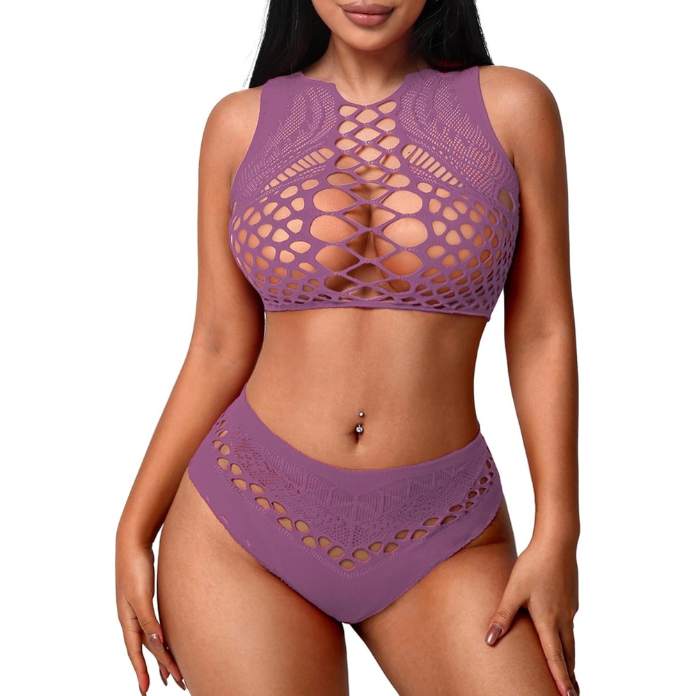image:imageAvidlove Womens Fishnet Lingerie for Women Sexy Two Piece Lingerie Set Stripper OutfitLilac
