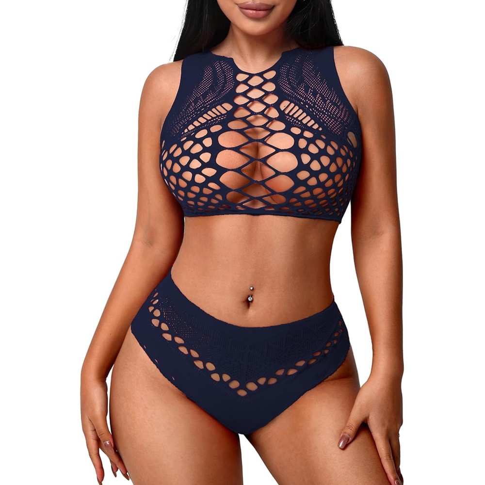 image:imageAvidlove Womens Fishnet Lingerie for Women Sexy Two Piece Lingerie Set Stripper OutfitNavy Blue