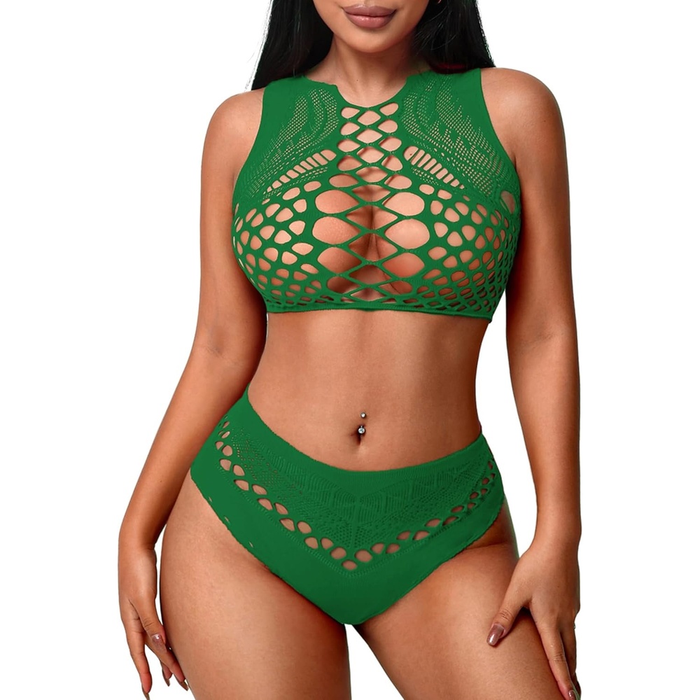 image:imageAvidlove Womens Fishnet Lingerie for Women Sexy Two Piece Lingerie Set Stripper OutfitOasis Green