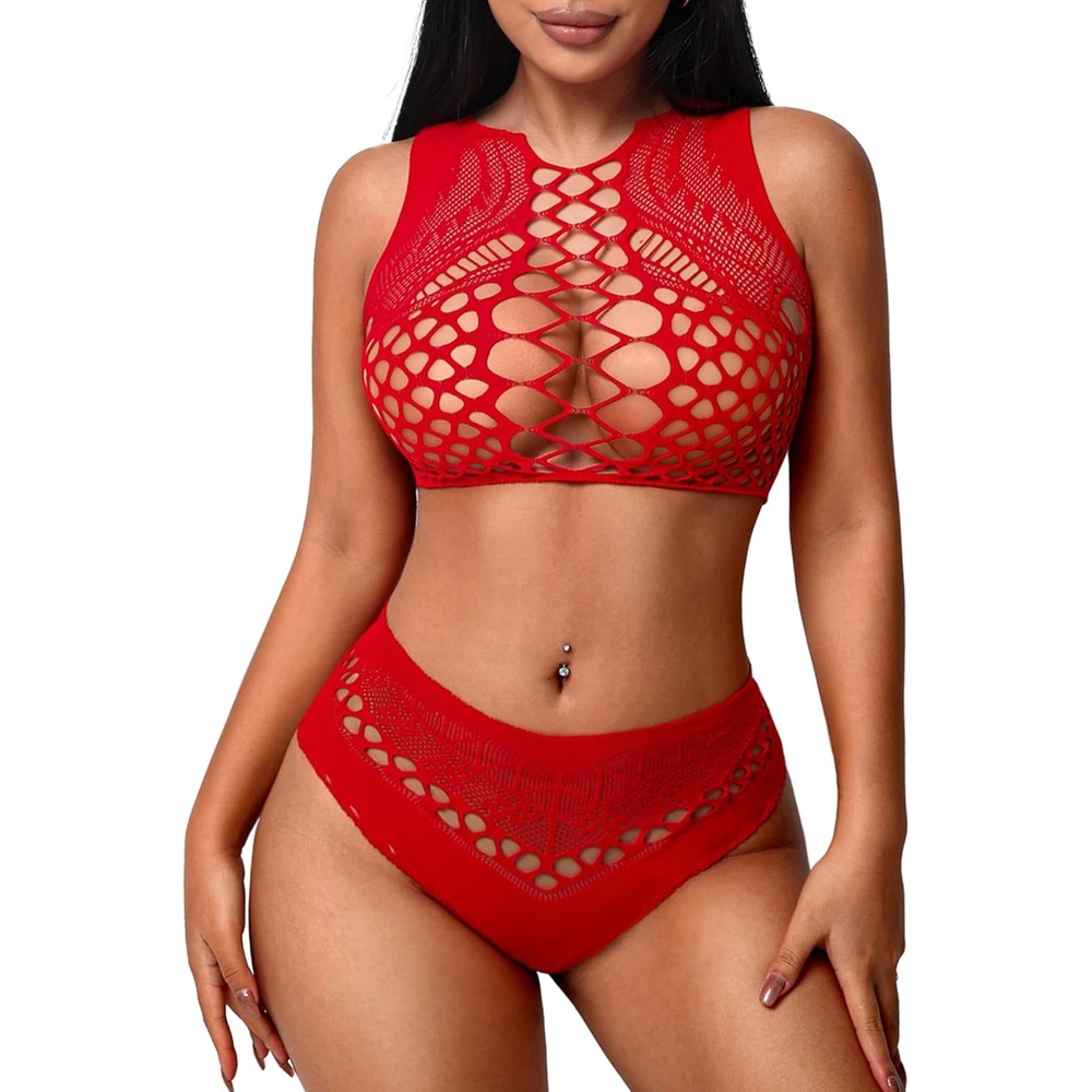 image:imageAvidlove Womens Fishnet Lingerie for Women Sexy Two Piece Lingerie Set Stripper OutfitRed