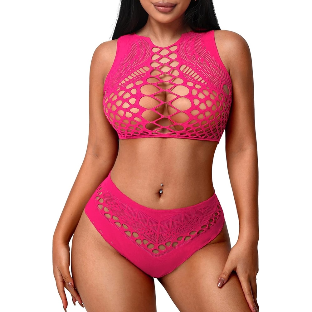 image:imageAvidlove Womens Fishnet Lingerie for Women Sexy Two Piece Lingerie Set Stripper OutfitRose Red