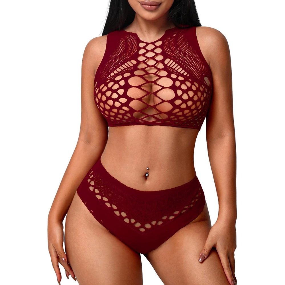 image:imageAvidlove Womens Fishnet Lingerie for Women Sexy Two Piece Lingerie Set Stripper OutfitWine Red