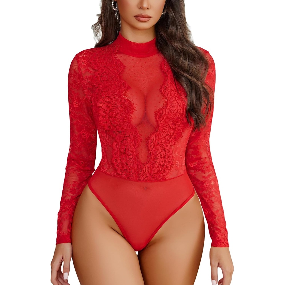 image:imageAvidlove Womens Lace Bodysuit Lingerie Teddy Going Out Turtleneck Sexy Bodysuits TopRed