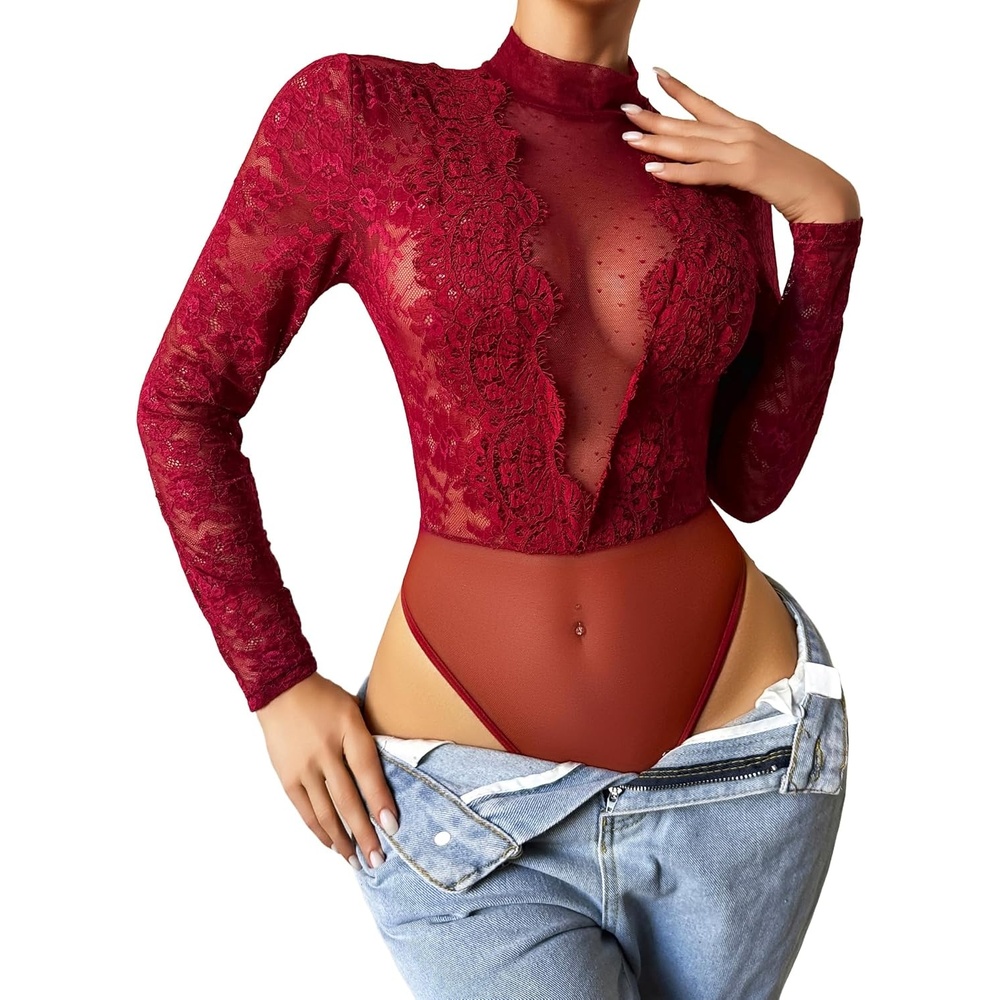 image:imageAvidlove Womens Lace Bodysuit Lingerie Teddy Going Out Turtleneck Sexy Bodysuits TopWine Red