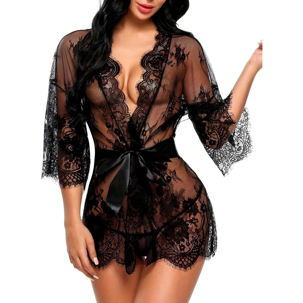 image:imageAvidlove Womens Lace Kimono Robe Babydoll Lingerie Mesh Nightgown S5XL1black