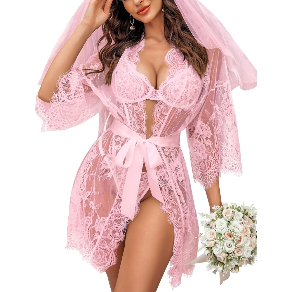 image:imageAvidlove Womens Lace Kimono Robe Babydoll Lingerie Mesh Nightgown S5XLPink