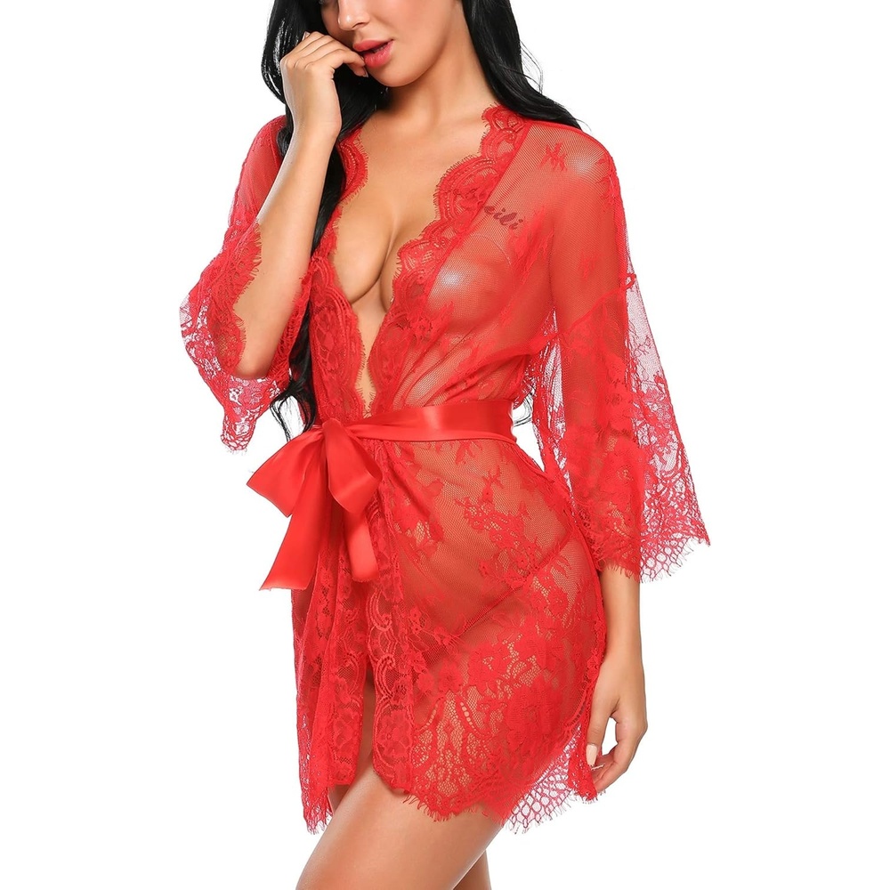 image:imageAvidlove Womens Lace Kimono Robe Babydoll Lingerie Mesh Nightgown S5XLRed