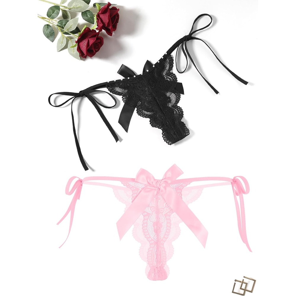 image:imageAvidlove Womens Lace Panties T Back Underwear Sexy Gstring Thong VShape Floral Lace Tangas With Bow And PearlBlackPink